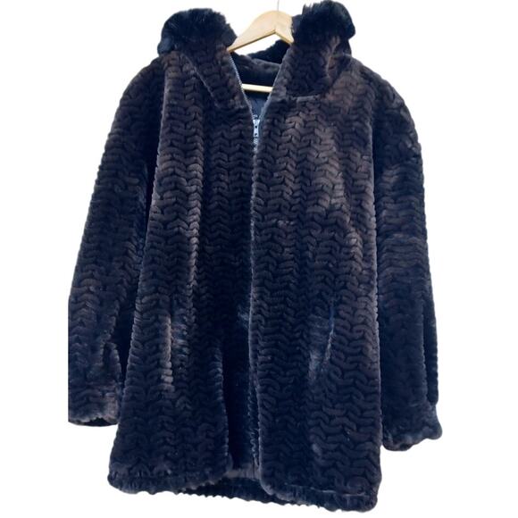 VTG Gallery Black Faux Fur Hooded Coat Small Made in USA Winter Jacket Mob Wife - Picture 1 of 7